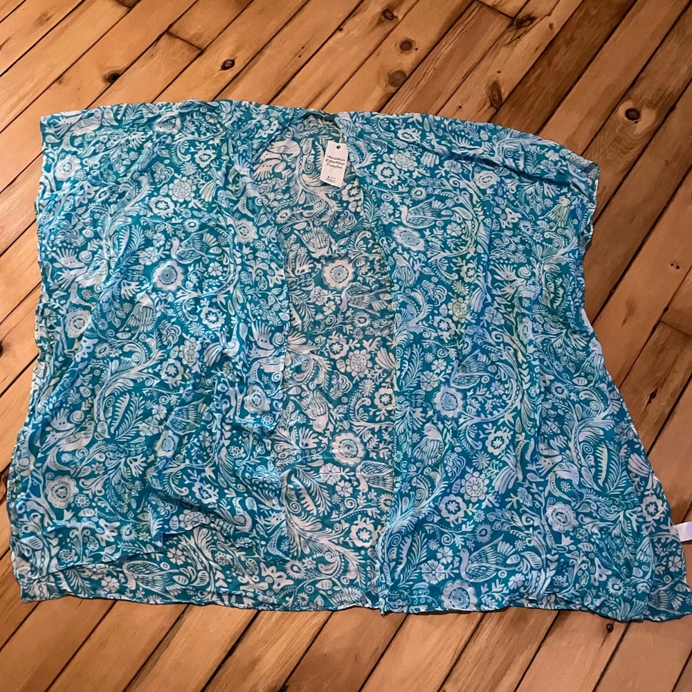Moss Rose beach cover up One Size Turquoise & White bird floral pattern NWT